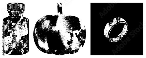 Distressed bottle, textured pumpkin, hollow ring all rendered in gritty halftone style. Grunge vector art with weathered texture, ideal for Halloween or vintage design.