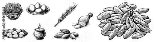 Persian food elements including wheat, eggs, almonds, olives, candle, and bread, rendered in detailed art, culinary heritage symbols, Middle Eastern cuisine.