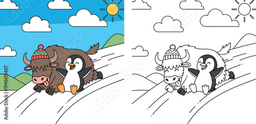 Cute cartoon yak wearing a winter hat and a happy penguin sliding down a snowy hill. Funny animal friends playing together in a sunny landscape vector illustration.