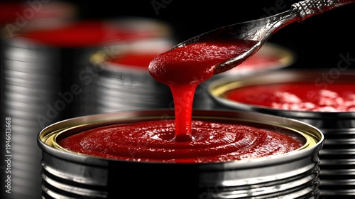 Fresh tomato sauce is being poured from a spoon into an open can of processed food showing its rich color and texture on a dark background.
