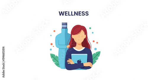 Woman holding tablet with large water bottle behind her promoting wellness.