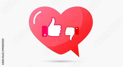 Red heart with social media like and dislike icons inside.