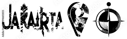 Bold, gritty "JARAARTA" text with cracked texture, paired with map pin & compass ideal for urban/adventure branding. Alternatives rugged logo, directional emblem.