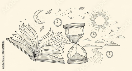 Hourglass and Open Book with Celestial Elements.