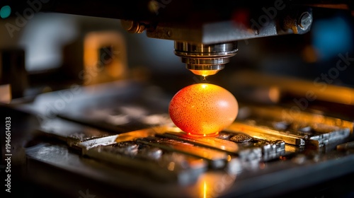 A high tech scientific instrument meticulously illuminates and examines a single brown egg in a controlled laboratory environment.