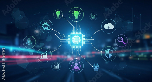 Digital Network Connection with Technology Icons and Central Processor.