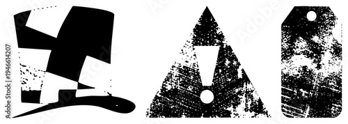 Retro racing flag with checkered, distressed warning triangle with exclamation mark, weathered tag all vector graphics for UI or branding.