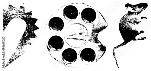 Vintage stylized revolver cylinder, jagged lightning bolt, leaping mouse, halftone texture, isolated vector graphics, gritty noir aesthetic.