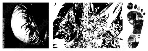 Black and white halftone footprints and crumpled foil textures, graphic design elements, vector art, isolated shapes, stylized, abstract composition.