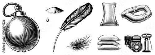 Antique grenade, quill pen, feather, sand pile, lifebuoy, pillows, engine pump, engraved art, vector set.