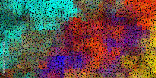 Vibrant abstract pointillist texture with a dynamic blend of turquoise green blue purple red orange yellow and black dots creating a colorful energetic background pattern