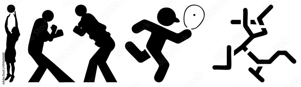 Obraz premium Black silhouette figures performing basketball, boxing, wrestling, tennis, and abstract running motions, minimalist vector art for sport, athletic movement, stylized human forms.