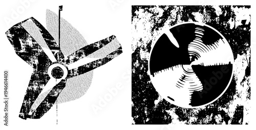 Aircraft blade graphic, distressed halftone print, aviation component, grunge texture, mechanical design, retro aviation, vector illustration.