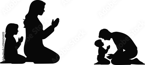 Black silhouette of a family praying together on white background prayer religion