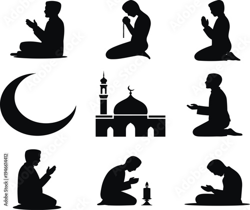 Islamic prayer silhouettes including men praying mosque crescent moon and candle