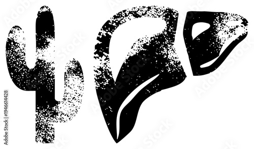 Stylized desert symbols including cactus, leaf, and coffee mug in halftone texture, vector graphic, isolated for branding or design.