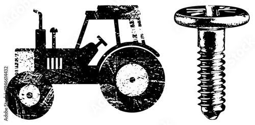 Rustic farm tractor silhouette and industrial screw graphic, both in high contrast with weathered grain effect, ideal for mechanical or agricultural design projects.