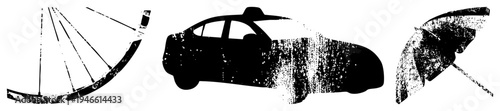 Vector featuring bicycle wheel, taxi car, and umbrella in bold black silhouettes with distressed texture, urban transport and weather symbols, isolated graphic elements for design use.