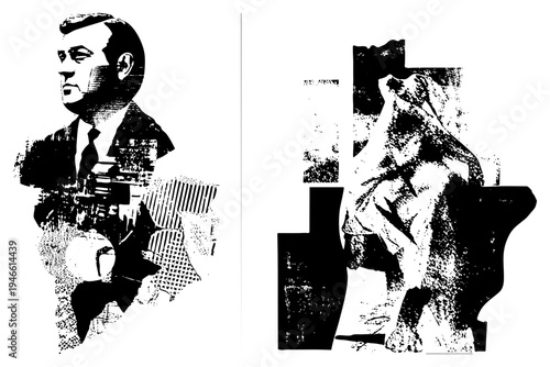 Black and white halftone portraits, stylized human figures, graphic art, vintage print aesthetic, artistic composition, design, retro illustration.