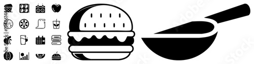 Flat vector of burger, wok, and food items like, citrus, drink, calendar, and more. Minimalist design for menus, apps, or UI. Food, dining, cooking, nutrition.