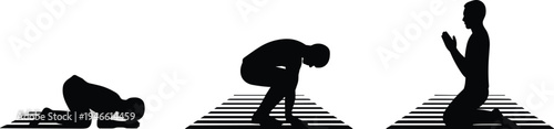 Three black silhouettes of men in prayer positions on striped mats male praying