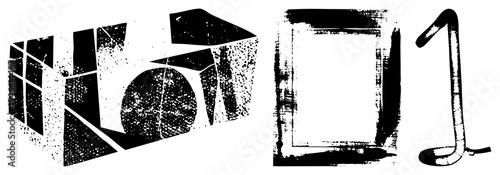 Fragmented cuboid, circular form, framed rectangle, and curved rendered in distressed black ink style, ideal for graphic design or typography projects.