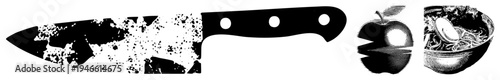 Vector illustration of a chef’s knife with textured blade, sliced, and noodle bowl culinary tools in high contrast black and white, flat design, food prep.