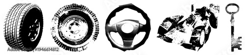 Collection of automotive including tire tread, alloy rim, ergonomic steering wheel, race car silhouette, and antique key, rendered in halftone vector style with isolated elements.
