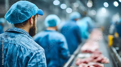 Workers wea blue uniforms oversee a meat processing line on a conveyor belt in a clean food production factory environment area.