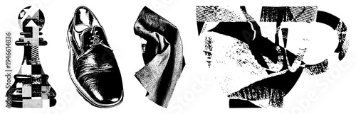 Stylized vector art featuring chess pawn, leather shoe, draped textile, and fragmented abstract shapes, rendered in halftone and geometric.