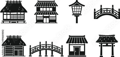 japanese, architecture, silhouettes, houses, temple, shrine, bridge, lantern, gate, traditional, asian, buildings, culture, travel, tourism, landmark, icon, heritage, design, collection