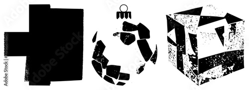 Fragmented cube, fractured sphere, and angular, minimalist graphic design, vector art, digital illustration.