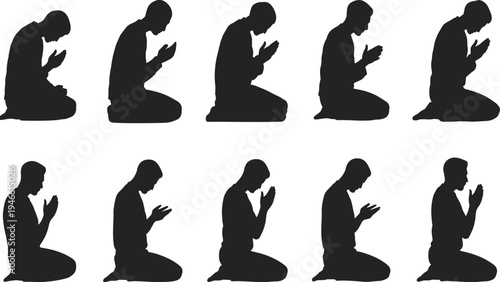 Ten black silhouettes of men kneeling with hands clasped in prayer praying