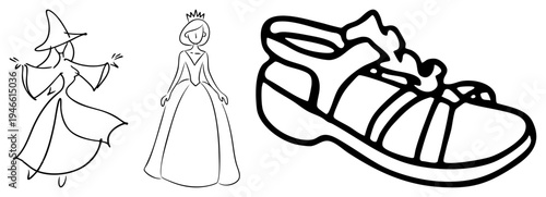 Stylized wizard casting magic, elegant princess in gown, modern sneaker with laces, all in clean art. Wizard, sorceress, maiden, athletic footwear.