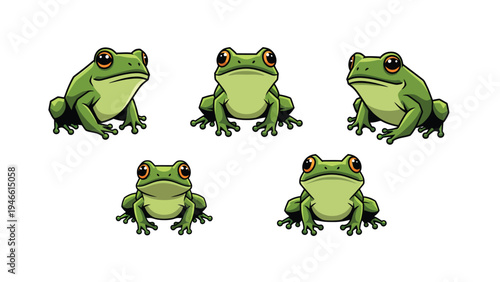 Adorable Green Tree Frogs Vector Illustration Set with Various Poses on White Background