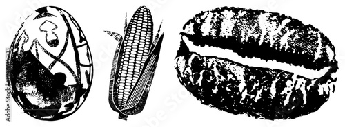 Black and white halftone graphic depicting egg, corn cob, and coffee bean, stylized vector, agricultural and culinary symbols, retro print aesthetic.