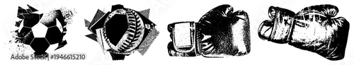 Retro styled sports including baseball, football, and boxing gloves rendered in halftone and geometric, vector art for graphic design, athletic theme, illustration.