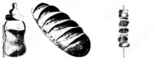 Vintage halftone style baby bottle, artisan bread loaf, grilled meat kebab. Simple graphic symbols for food and baby care.