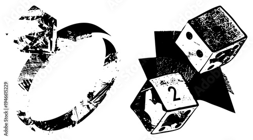 Two damaged dice with cracked surfaces and rough textures, one showing a "2", stylized in gritty halftone vector art, gaming, isolated elements.