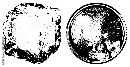 Stylized stone block and ancient coin graphic, halftone texture, historical artifact, vector, archaeological, engraved design.