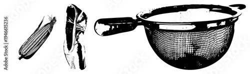 Classic vector art of corn cob, shoe, and strainer, halftone style, isolated elements, kitchen and fashion.