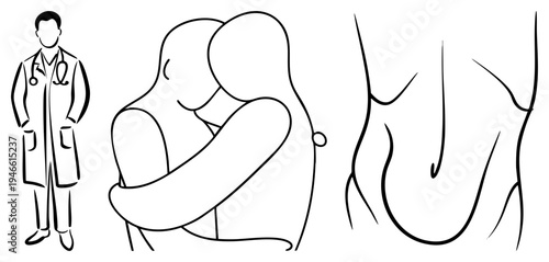 Doctor in lab coat with stethoscope, hugging patient, back view of torso, minimalist, healthcare illustration, medical care, empathy in medicine.