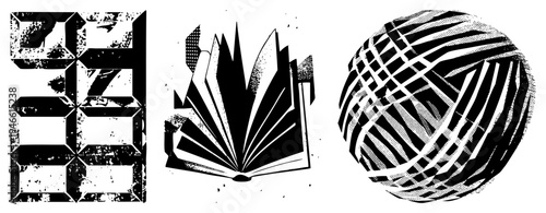 Stylized black and white graphic with bold halftone textures, geometric letterform, open book, and spherical, vector art, graphic design elements.