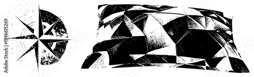 Bold black/white vector art with fragmented polygons & halftone shading, distressed compass rose. Modern graphic elements for branding/.