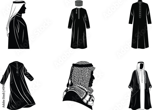 Traditional islamic clothing and headwear set vector illustration