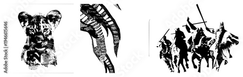 Artistic cub portrait with intricate shading, stylized face, graphic illustration, vector design, black and white, detailed fur texture, animal.