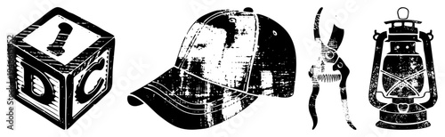 Classic alphabet block, baseball cap, pruning shears, oil lantern distressed texture, retro design, graphic symbols, vector art.