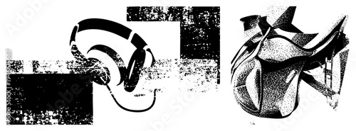 Black and white halftone vector graphic of headphones and saddle, isolated design elements, artistic render, graphic art, studio illustration.