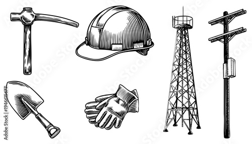 Hand tools, safety gear, and utility structures rendered in vintage art, including hammer, helmet, shovel, gloves, tower, and pole.