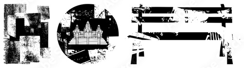 Black and white vector composition with fragmented geometric forms, circular frame containing temple like structure, stylized torii gate, halftone texture, gritty aesthetic, graphic design elements.